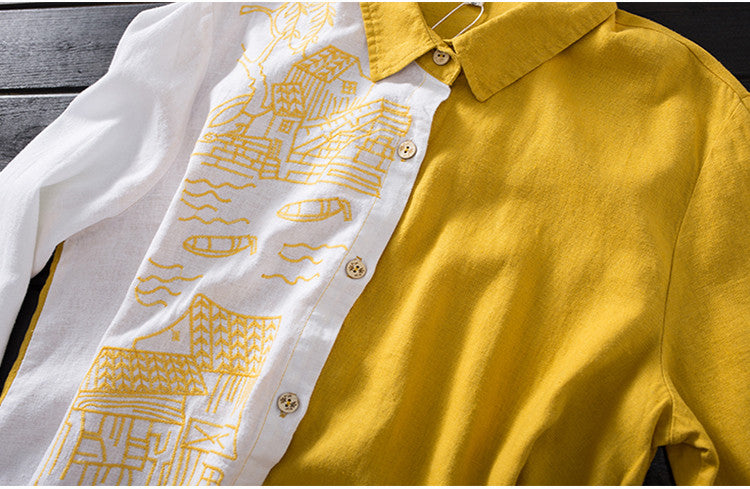 Women Cotton Linen Embroidery Blouse Long Sleeve Patchwork Color Top - MERGE.DAY.1.FREESTYLE