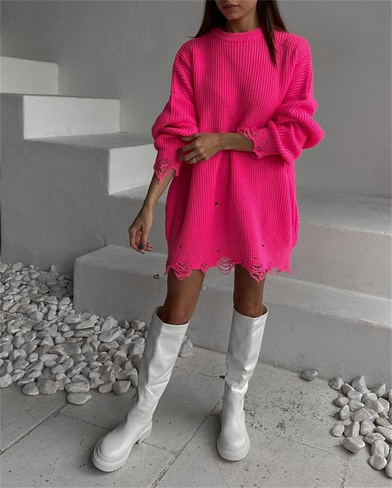 O Neck Oversized Mini Knitted Women Sweater Loose Dresses Autumn Winter Long Sleeve - MERGE.DAY.1.FREESTYLE