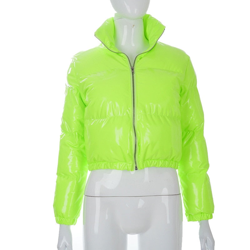 Faux PU Leather Y2K Bubble Puffer Winter Warm Jacket Women Long Sleeve Coats - MERGE.DAY.1.FREESTYLE