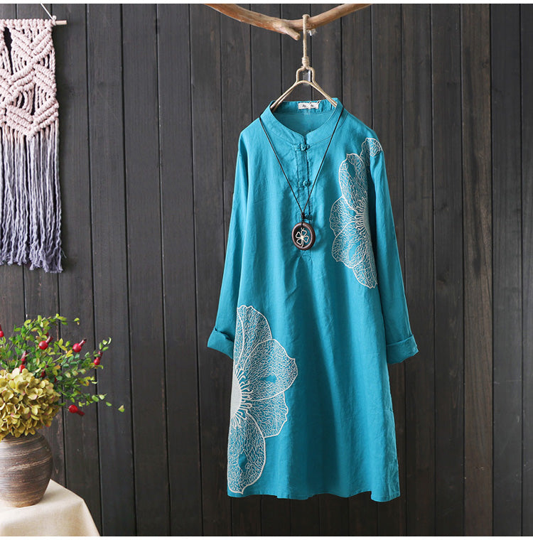 Cotton Shirt Long Sleeve Embroidery Blouse Stand Collar Loose Long Top Office Lady Casual Wear - MERGE.DAY.1.FREESTYLE
