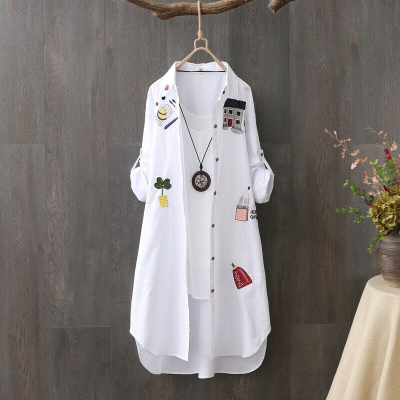 100% Cotton Women White Floral Embroidery Blouse Long Sleeve Turn Down Collar Shirt - MERGE.DAY.1.FREESTYLE