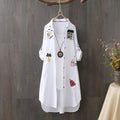 100% Cotton Women White Floral Embroidery Blouse Long Sleeve Turn Down Collar Shirt - MERGE.DAY.1.FREESTYLE