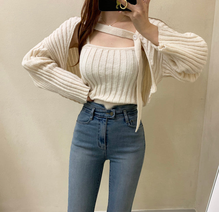 Camisole Knitted Cardigans Women Two Piece Sets 2021 Autumn Sweater Jacket Woman - MERGE.DAY.1.FREESTYLE