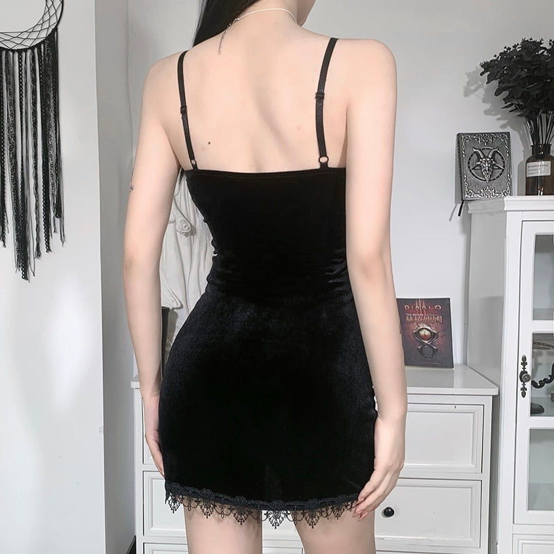 Gothic Dark Cross Black Mini Dress Vintage Sexy Spaghetti Strap High Waist Slit Dresses - MERGE.DAY.1.FREESTYLE