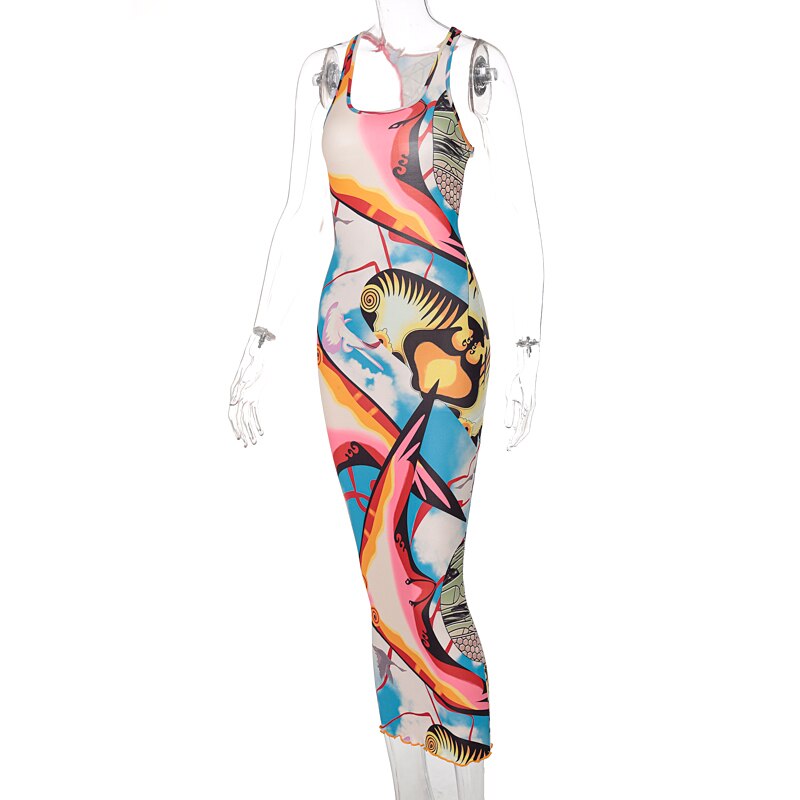 Sleeveless Hollow Out Straps Asymmetric Print Backless Ruched Sexy Maxi Dress - MERGE.DAY.1.FREESTYLE