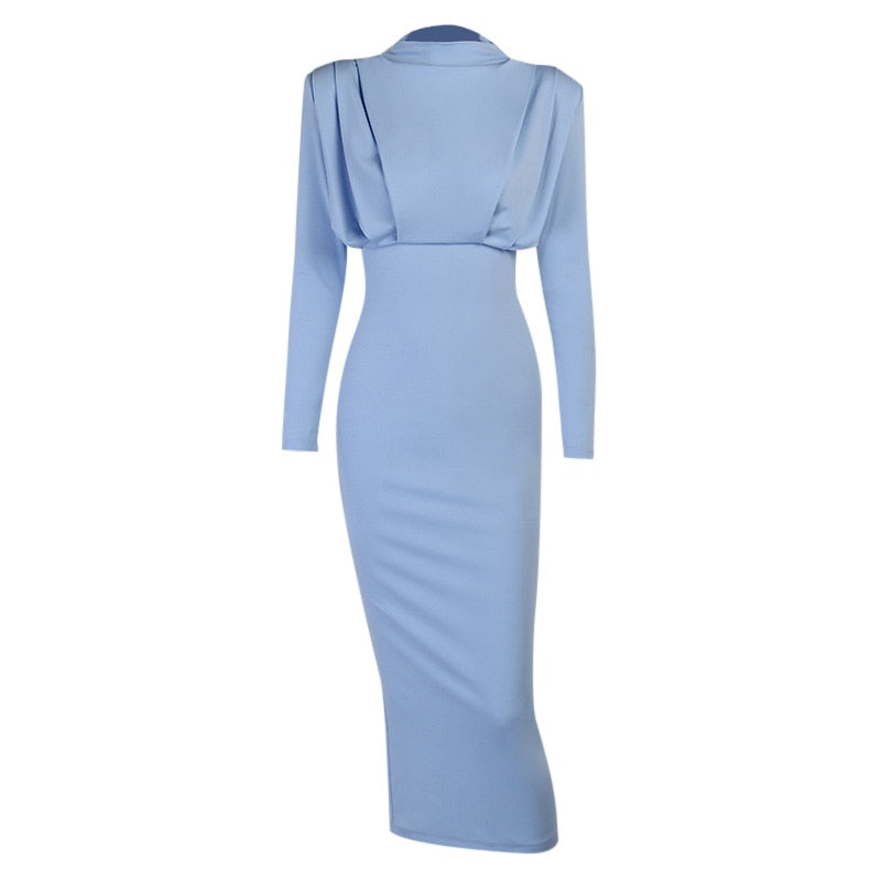 Elegant Women Dress Stand Collar Slim Waist Solid Ankle Length Autumn Long Sleeve Dress - MERGE.DAY.1.FREESTYLE