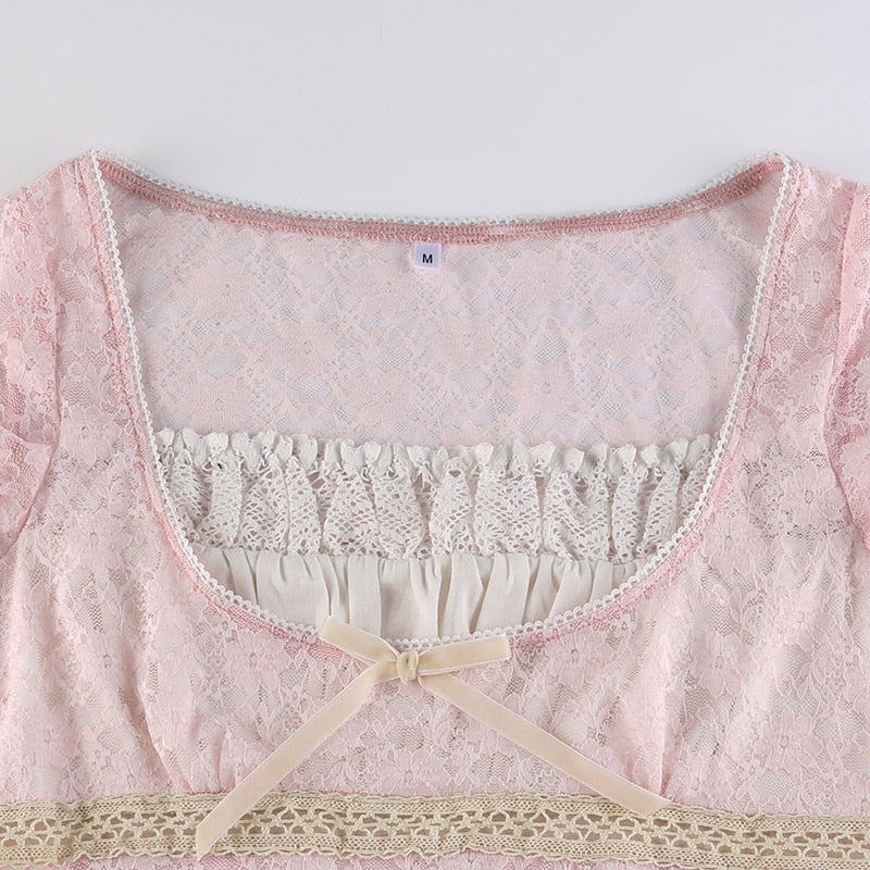 Trim Crop Top Bow Cute Sweet T Shirt Women Retro Short Sleeve Lace Patched Tshirt - MERGE.DAY.1.FREESTYLE