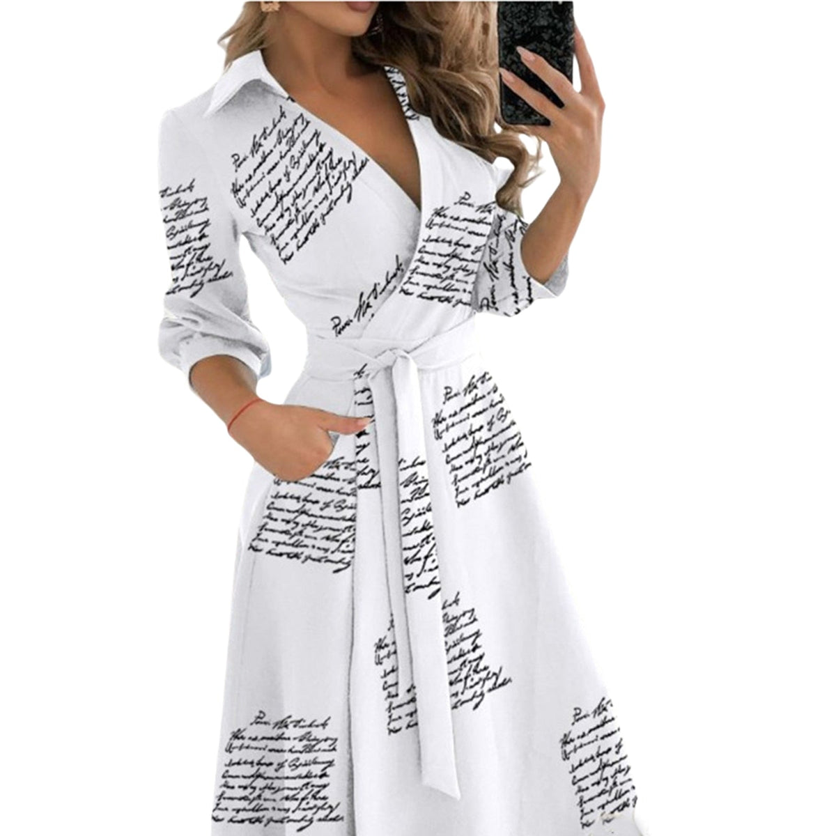 Spring Summer Lady Cover Up Women's Shirt Dress Wave Print Long Sleeve V-Neck Casual Dress Plus Size - MERGE.DAY.1.FREESTYLE