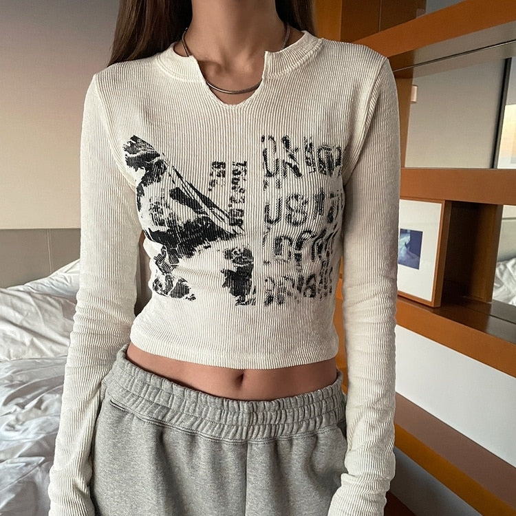 Knitted Crop Top Vintage Aesthetic Letter Printed Long Sleeve T-Shirts Sexy Slim Fit Tee Tops - MERGE.DAY.1.FREESTYLE
