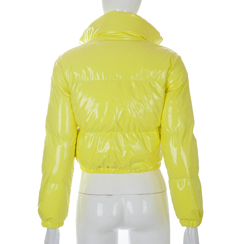 Faux PU Leather Y2K Bubble Puffer Winter Warm Jacket Women Long Sleeve Coats - MERGE.DAY.1.FREESTYLE