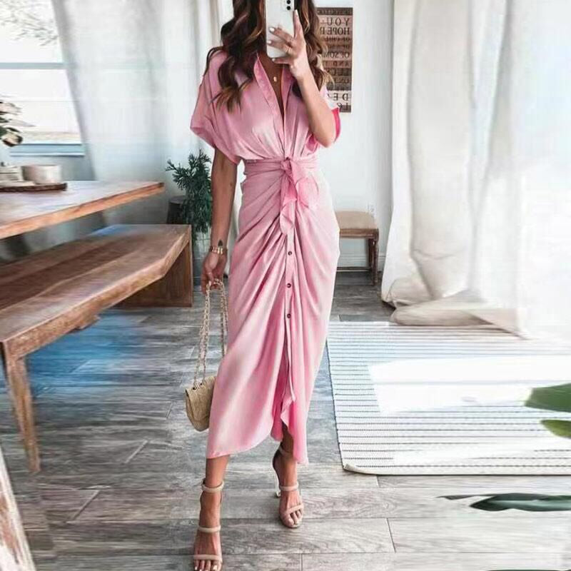 Vestido largo elegante de verano para mujer, de manga corta, con abertura, cuello tipo polo, botones y drapeado para fiesta