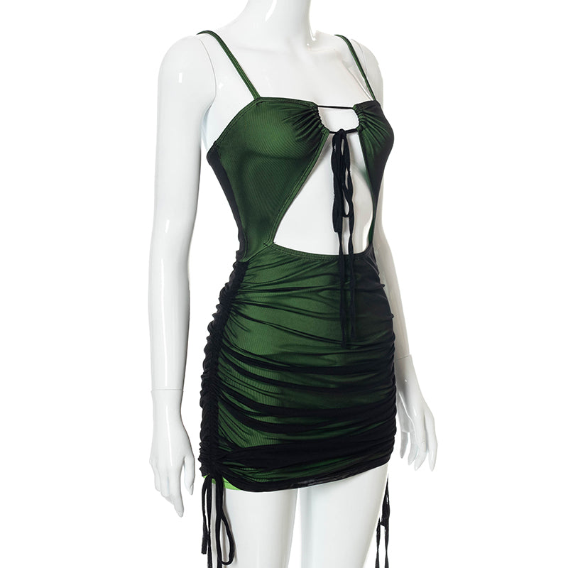 Women Mesh Bodycon Mini Green Dress Spaghetti Strap Lace Up Ruched Slim - MERGE.DAY.1.FREESTYLE