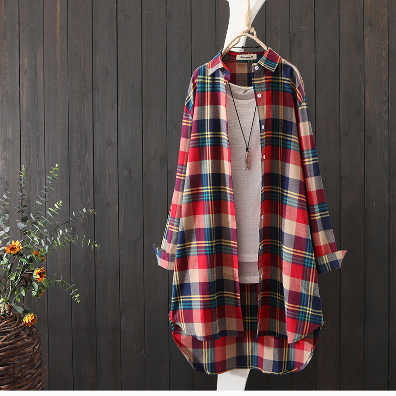 100% Cotton Plaid Shirt Long Sleeve Button Up Casua Loose Blouse Plus Size - MERGE.DAY.1.FREESTYLE