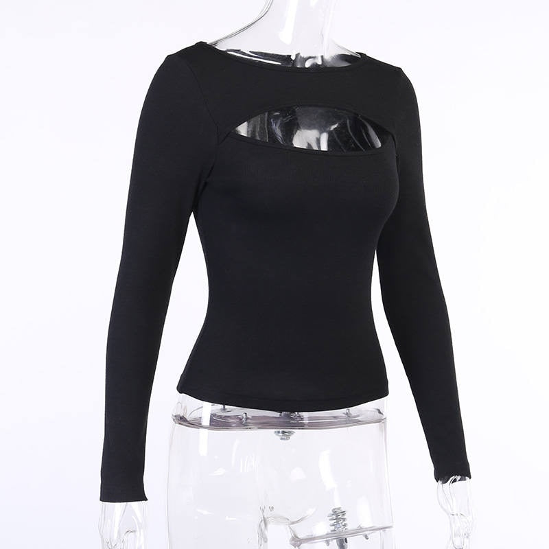 Sexy Hollow Out Slim Fit Long Sleeve Casual Round Neck Shirt Solid Black Tops T Shirt - MERGE.DAY.1.FREESTYLE