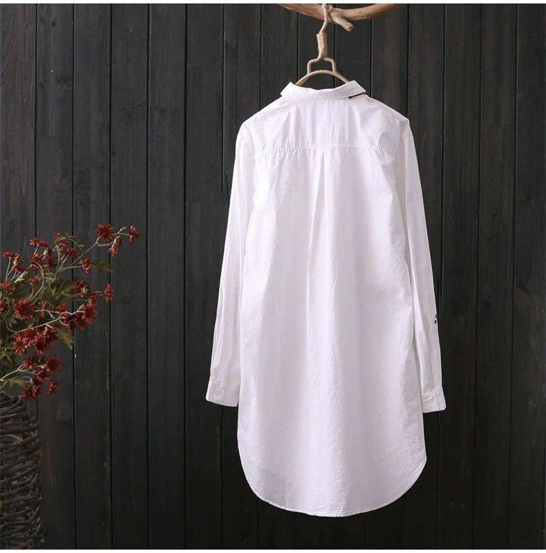 White Shirt Casual Wear Button Up Turn Down Collar Long Sleeve Cotton Blouse Embroidery - MERGE.DAY.1.FREESTYLE