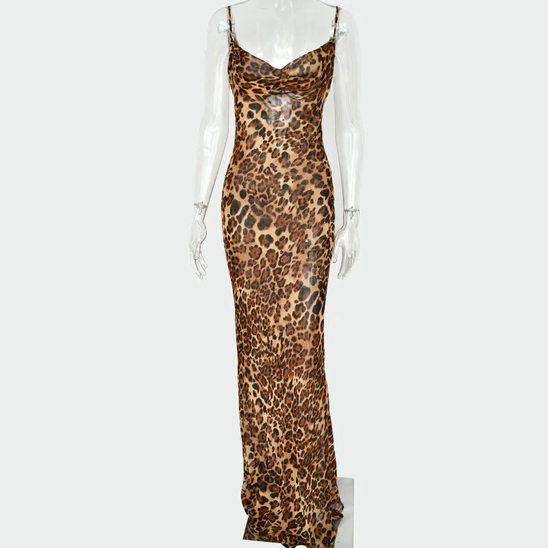 Leopard Print V-Neck Sexy Bodycon Long Dress Women Lace Up Backless Beach Vestidos - MERGE.DAY.1.FREESTYLE