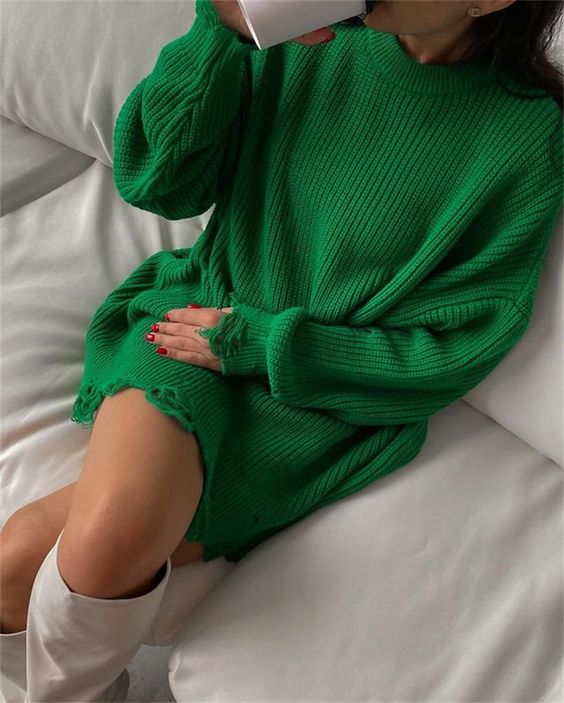 O Neck Oversized Mini Knitted Women Sweater Loose Dresses Autumn Winter Long Sleeve - MERGE.DAY.1.FREESTYLE