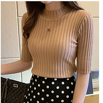 Knitted T Shirt Women Short Sleeve Basic Woman T-shirt Femme Elasticity Poleras - MERGE.DAY.1.FREESTYLE