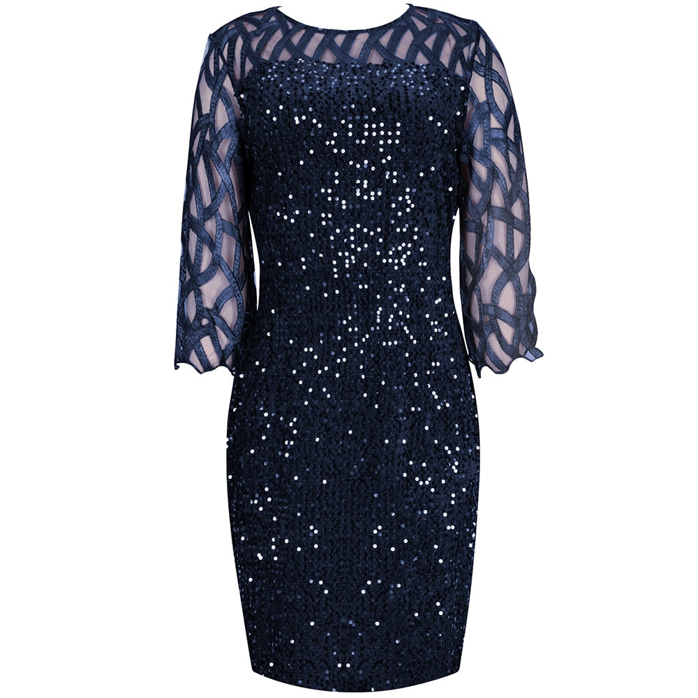 Elegant Sequin Evening Party Dresses 2022 Spring Mesh Patchwork Casual Midi Dress - MERGE.DAY.1.FREESTYLE