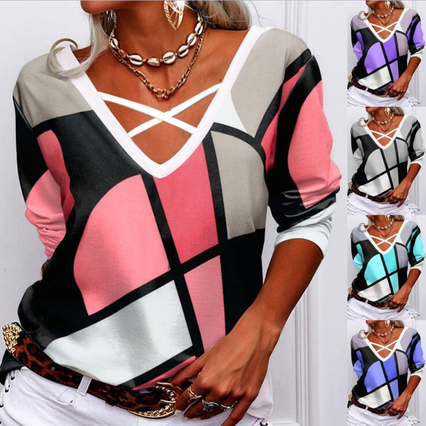 Overlapping V Neck Geometric Print T-shirt Casual Long Sleeve Tops Loose Pullover - MERGE.DAY.1.FREESTYLE