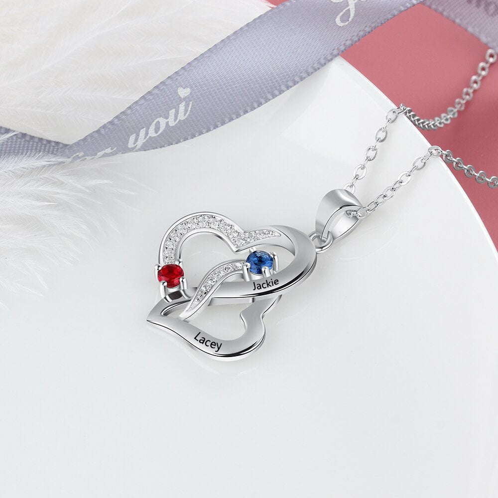 Customized 2 Birthstones Intertwined Heart Necklace Wedding Jewelry - MERGE.DAY.1.FREESTYLE