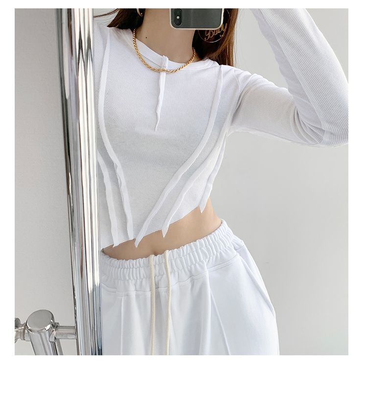 Skinny Crop Tops Women Irregular Oblique Edge T-shirts Female Crewneck Long Sleeve - MERGE.DAY.1.FREESTYLE