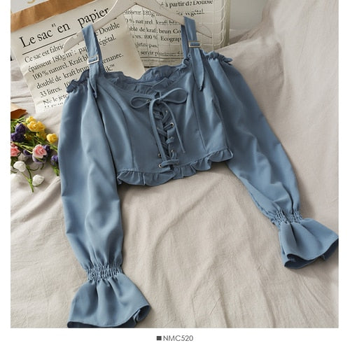 French Bandage Off Shoulder Ruffle Top Female Elegant Long Sleeve Shirt Y2k - MERGE.DAY.1.FREESTYLE