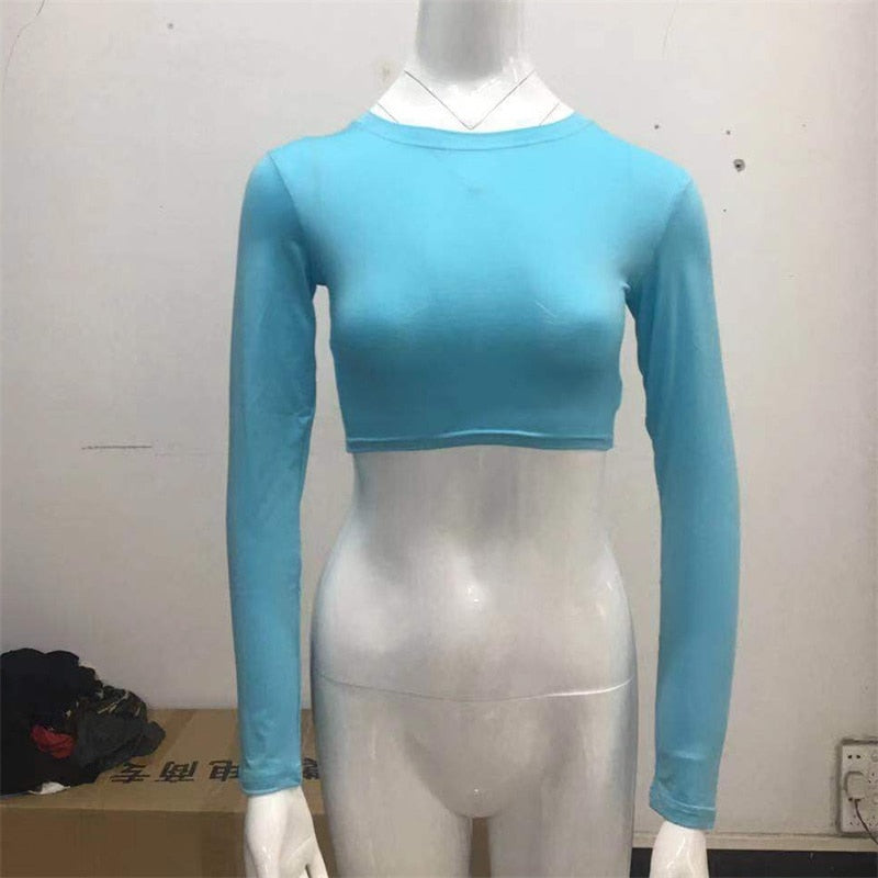 Women Sexy Bodycon T Shirt Long Sleeve O-neck Crop Top Modis Sheath T Shirt - MERGE.DAY.1.FREESTYLE