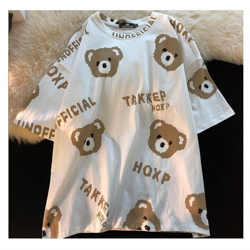 Summer Full Print Cartoon Bear Kawaii Short-Sleeved T-Shirt Loose Harajuku Casual - MERGE.DAY.1.FREESTYLE