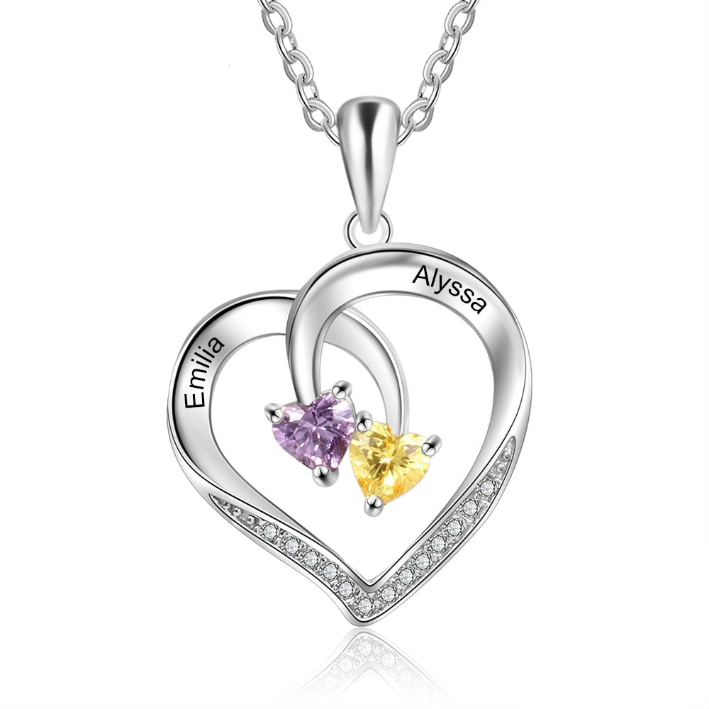 Personalized Heart Necklace with 2 Birthstones Engraved Name Couple Necklace - MERGE.DAY.1.FREESTYLE