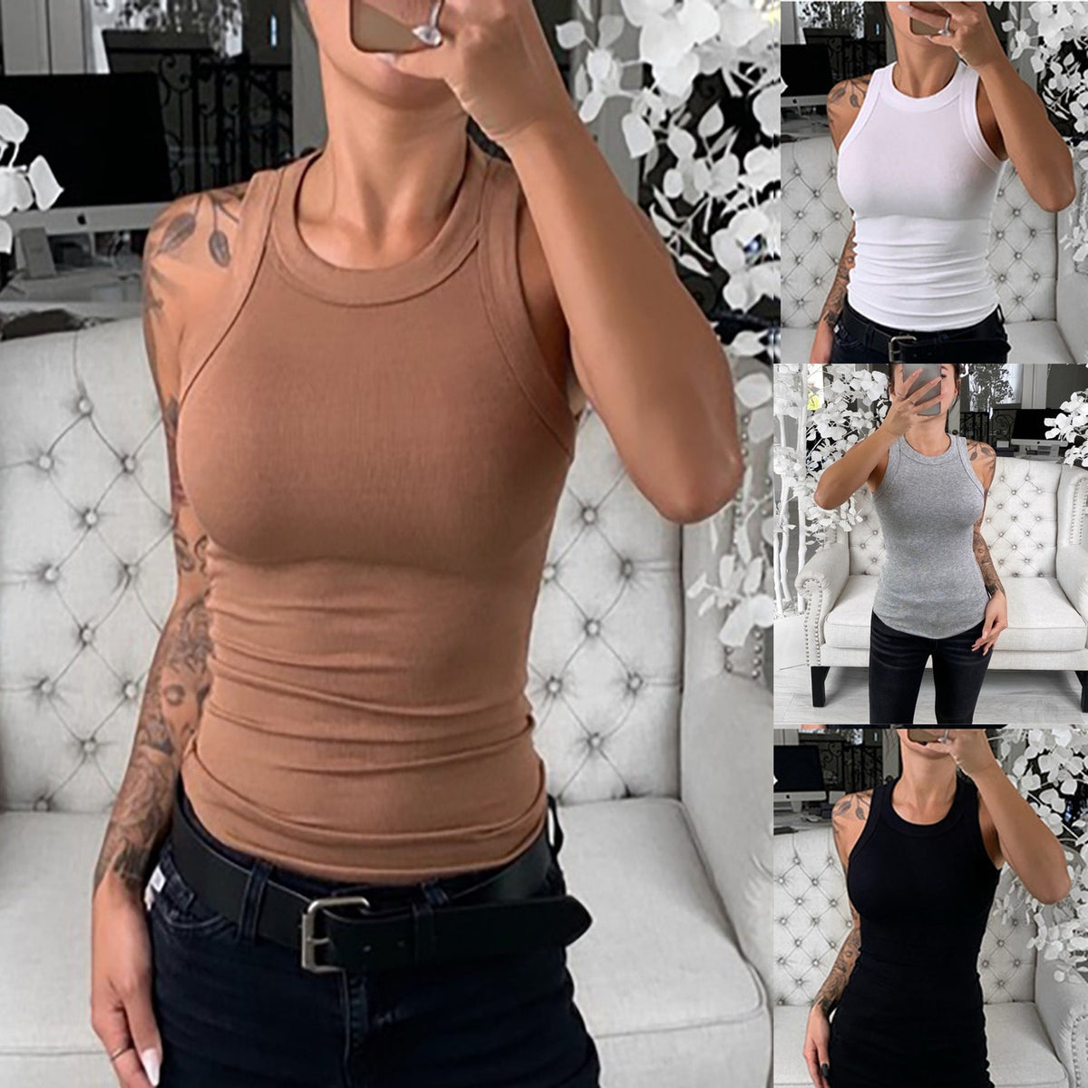 Women Solid Round Neck Ribbed Tank Top Camisole Women Summer Basic Elastic Tank Top - MERGE.DAY.1.FREESTYLE