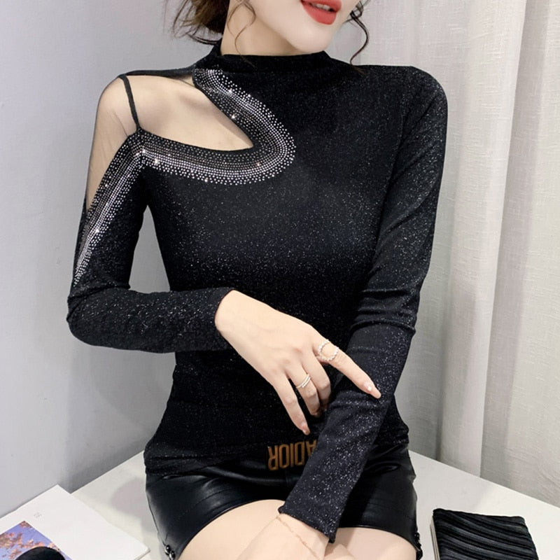 Women's Tops Shirt Casual Turtleneck Long Sleeve Hollow Out Hot Drilling Mesh T-Shirt - MERGE.DAY.1.FREESTYLE