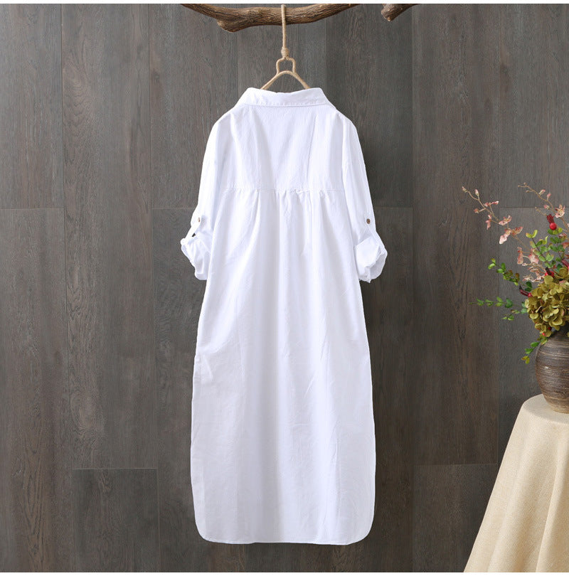 100% Cotton Women White Floral Embroidery Blouse Long Sleeve Turn Down Collar Shirt - MERGE.DAY.1.FREESTYLE
