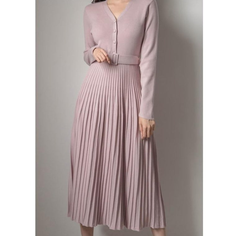 V-neck Single-breasted Women Thicken Sweater Dress Knitted Belted Female A-line soft dresses - MERGE.DAY.1.FREESTYLE