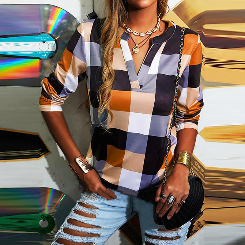 T-shirt Plaid Printed V-neck Long Sleeve Top Casual Loose Large Size Ladies T-shirt - MERGE.DAY.1.FREESTYLE