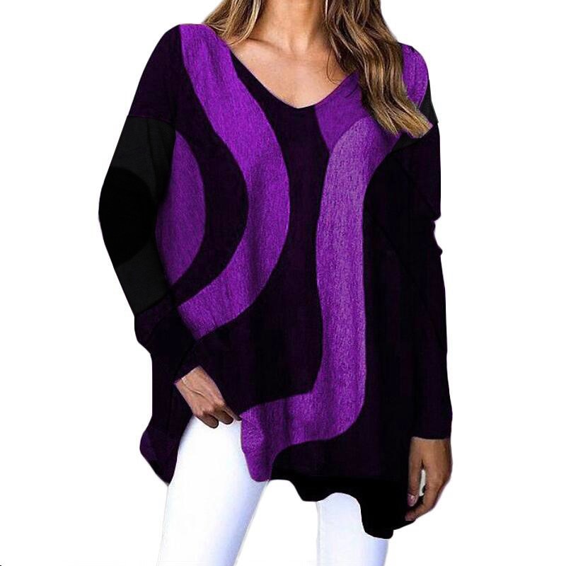 Striped Long Sleeve Printed T-Shirt Fashion V-Neck Streetwear Ladies Large Size Casual Top - MERGE.DAY.1.FREESTYLE