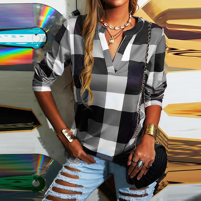 T-shirt Plaid Printed V-neck Long Sleeve Top Casual Loose Large Size Ladies T-shirt - MERGE.DAY.1.FREESTYLE