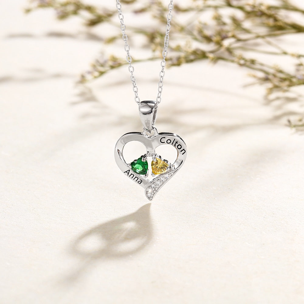 925 Sterling Silver Name Necklace with 2 Birthstones Custom Engraved Heart Pendant - MERGE.DAY.1.FREESTYLE