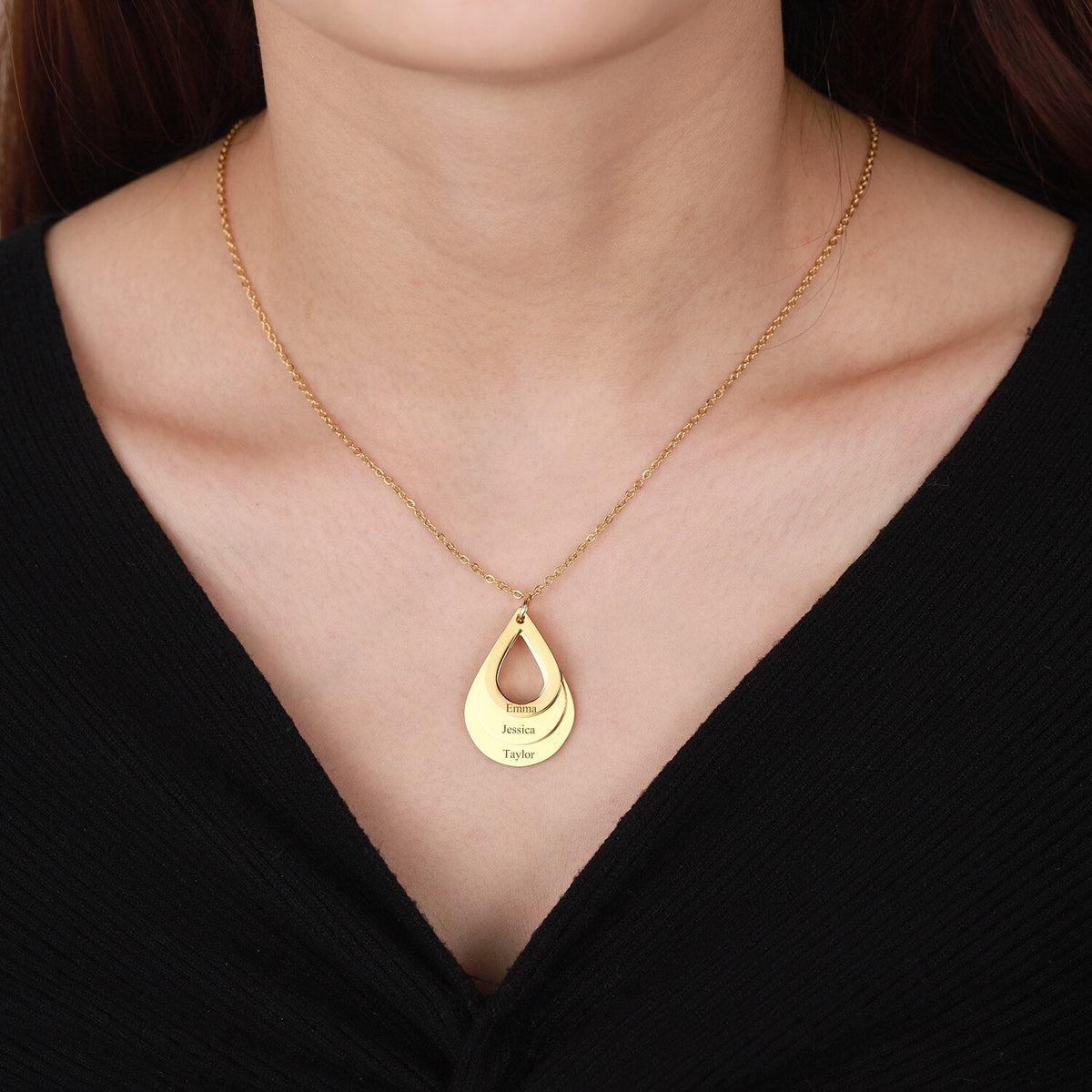 Personalized Name Necklaces Customized Engraved 3 Names Necklace Water Drop Shape Charm - MERGE.DAY.1.FREESTYLE