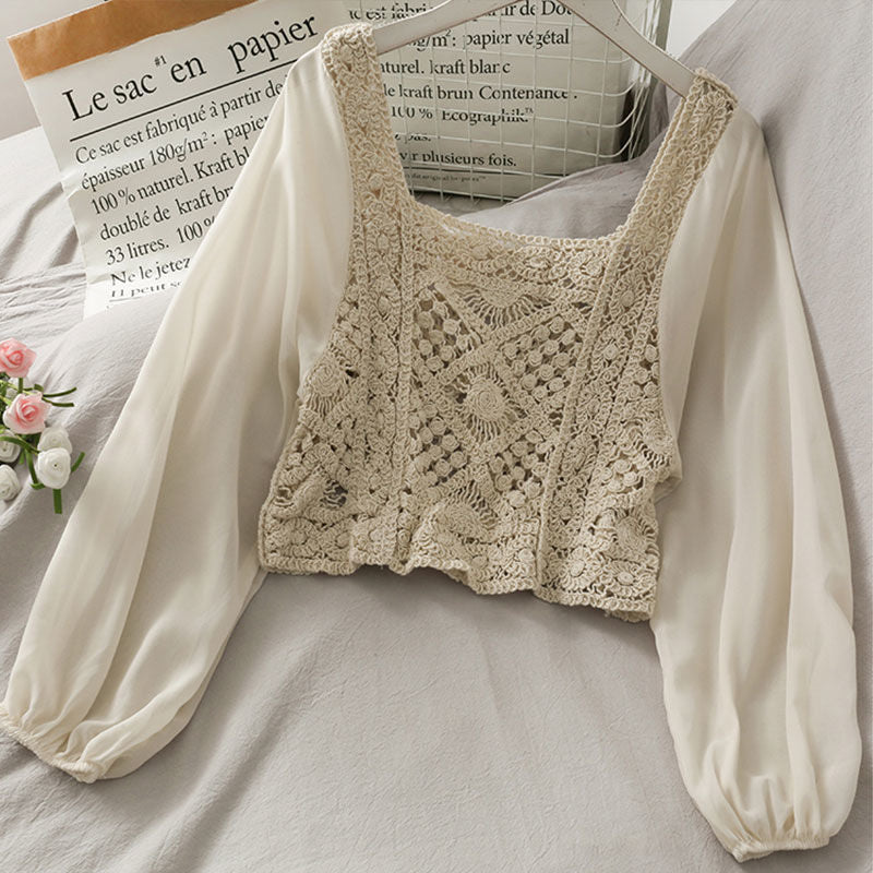 Vintage Women Thin Shirts Hollow Puff Sleeve Square Collar Slim Blouses Ladies Tops - MERGE.DAY.1.FREESTYLE