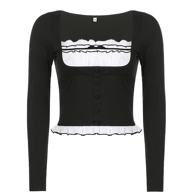 Sweet Cute Crop Top Lace Frill Bow Pullovers Vintage Square Collar T Shirt - MERGE.DAY.1.FREESTYLE