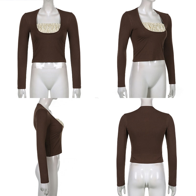 Patchwork Slim Tops Tee Long Sleeves Square Collar Retro Casual Tshirts - MERGE.DAY.1.FREESTYLE