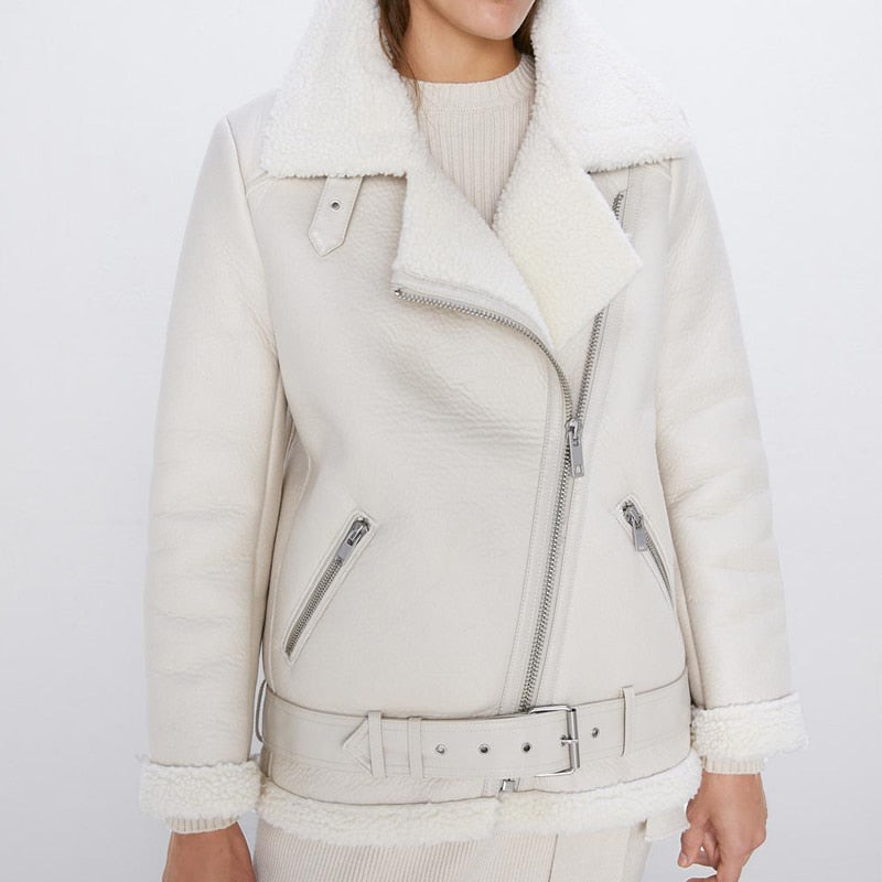 Faux Lamb Leather Jacket Pu Moto Zipper Jacket Warm Thick Outerwear - MERGE.DAY.1.FREESTYLE