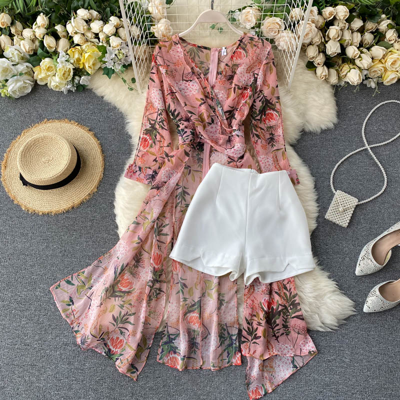 Women Casual Two Piece Set Long Sleeve V Neck Asymmetrical Chiffon Shirt - MERGE.DAY.1.FREESTYLE