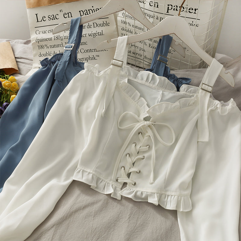 French Bandage Off Shoulder Ruffle Top Female Elegant Long Sleeve Shirt Y2k - MERGE.DAY.1.FREESTYLE