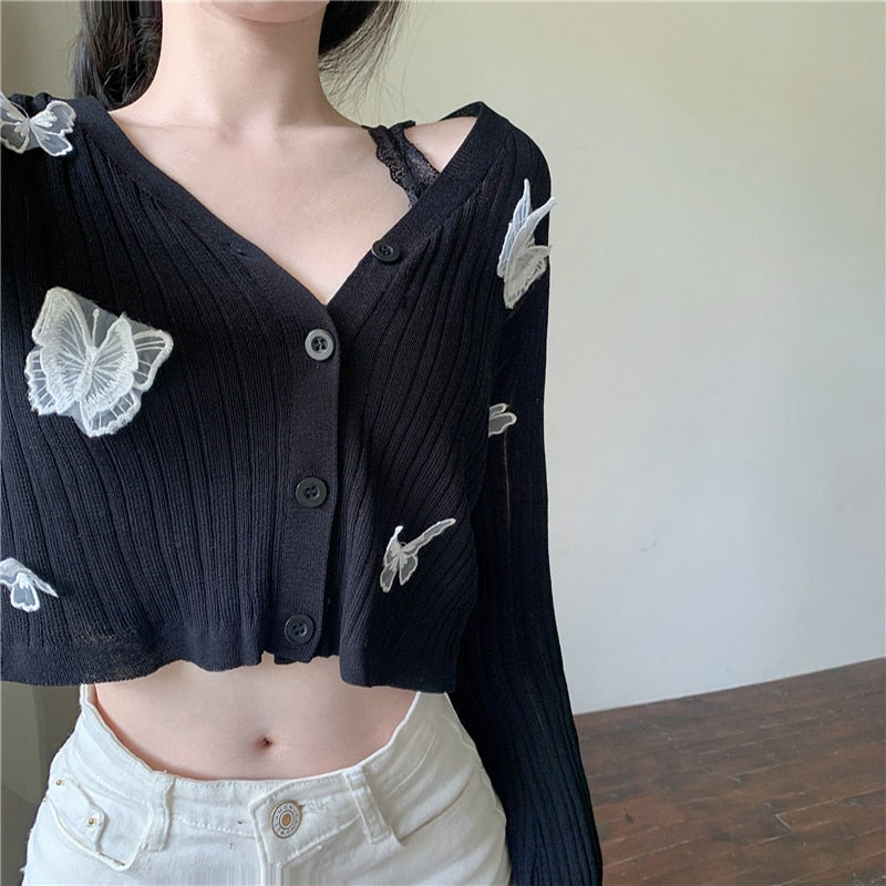 Butterfly Knit Cardigans Women V-Neck Crop Tops Ladies Summer Thin Long Sleeved - MERGE.DAY.1.FREESTYLE