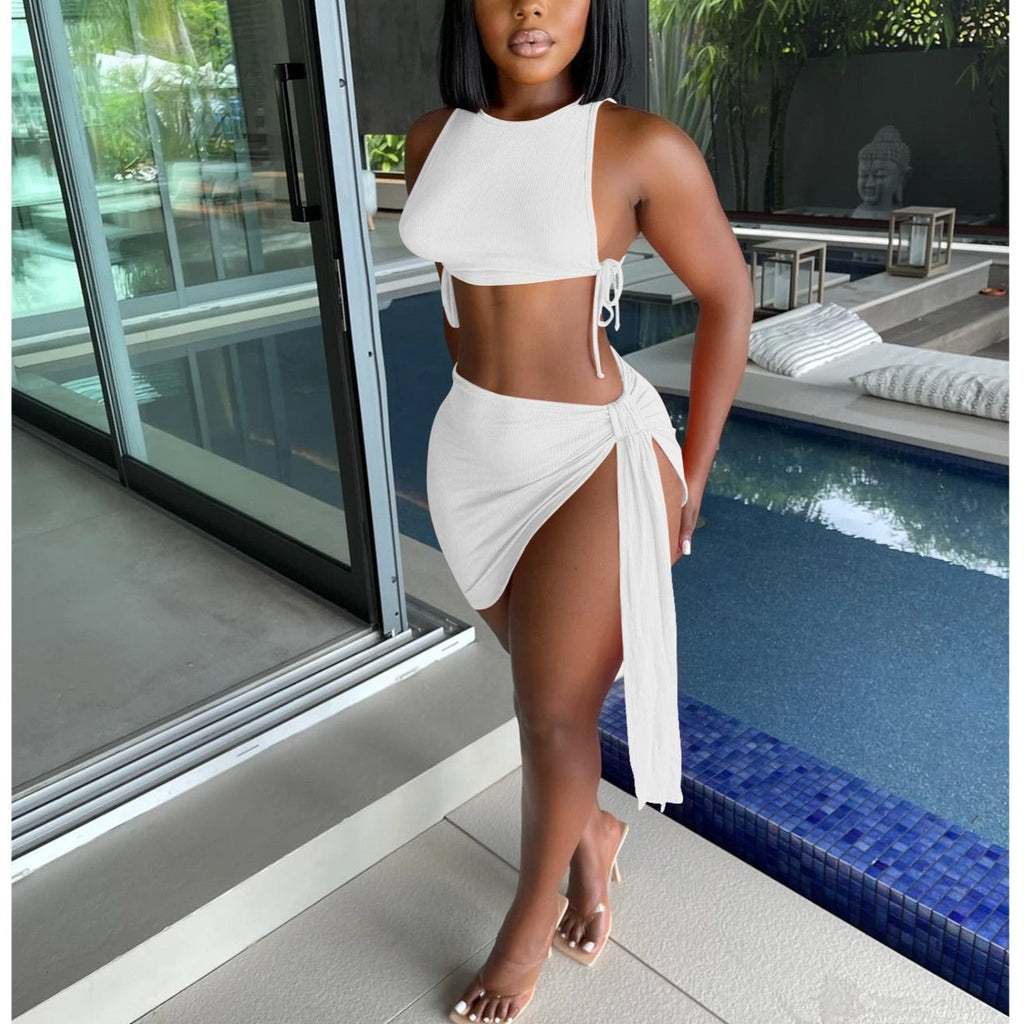 Knitted Ribbed Two Piece Set Bandage Crop Top Bodycon Mini Skirts Beachwear Outfits Summer - MERGE.DAY.1.FREESTYLE