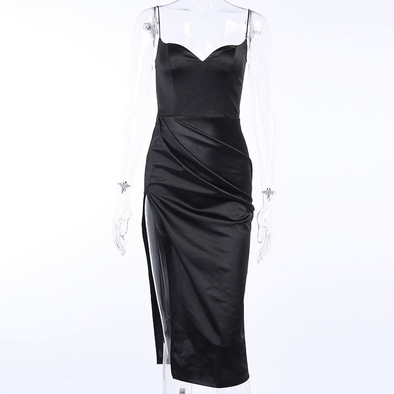 Satin Spaghetti Straps Low Cut Long Dress Women Summer Ruched Side High Split Maxi Dress - MERGE.DAY.1.FREESTYLE