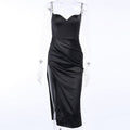 Satin Spaghetti Straps Low Cut Long Dress Women Summer Ruched Side High Split Maxi Dress - MERGE.DAY.1.FREESTYLE