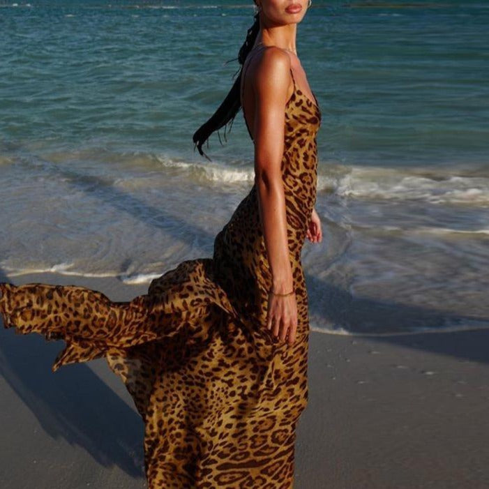 Leopard Print V-Neck Sexy Bodycon Long Dress Women Lace Up Backless Straps Beach Vestidos - MERGE.DAY.1.FREESTYLE